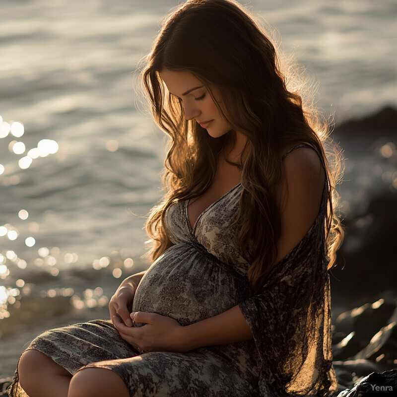 A pregnant woman sits on the beach at sunset, cradling her belly and exuding a sense of peace and tranquility.