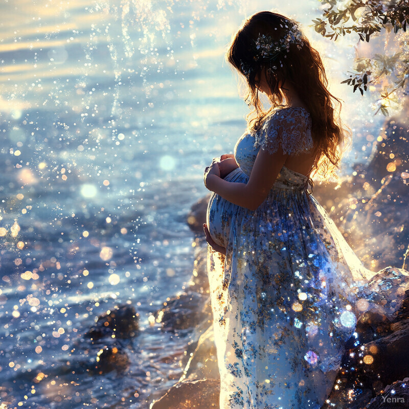 A serene and enchanting scene of a pregnant woman by the water's edge