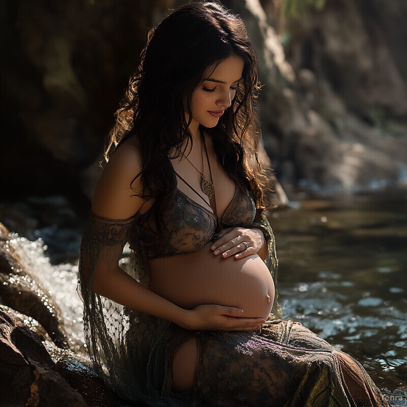 A pregnant woman sits by a body of water, cradling her belly in a delicate lace bralette and skirt.