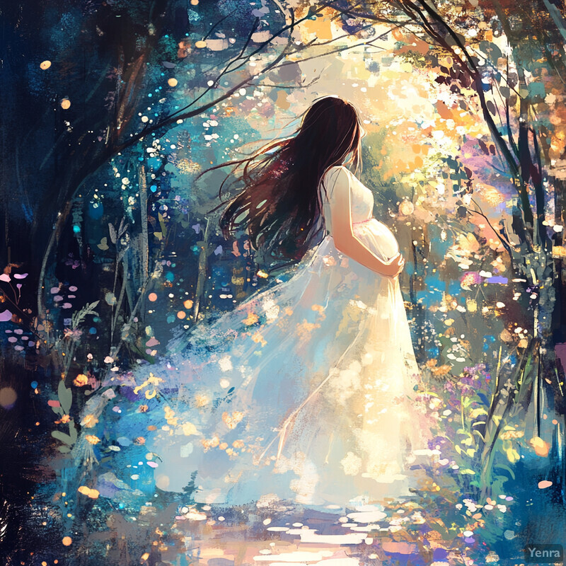 A pregnant woman stands amidst a forest, surrounded by vibrant foliage and delicate flowers.