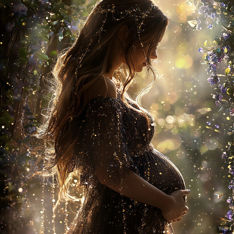 A pregnant woman stands in a forest, surrounded by lush greenery and vibrant flowers.