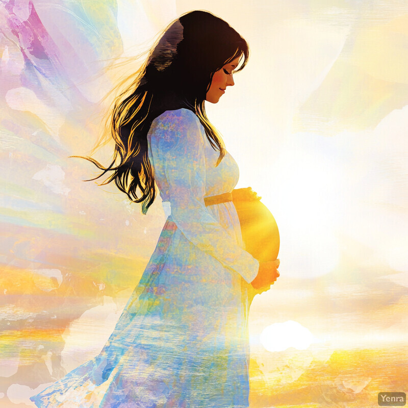 A pregnant woman stands in front of a breathtaking sunset, cradling her baby bump with care and love.