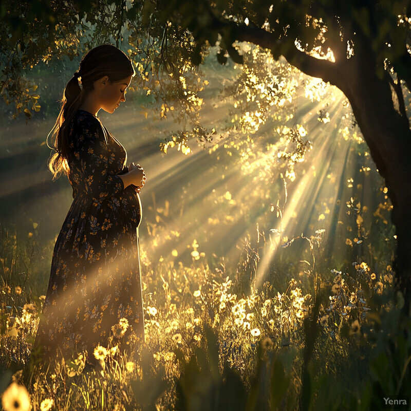 A pregnant woman stands in a field of yellow flowers, gazing down at her belly under the warm sunlight.