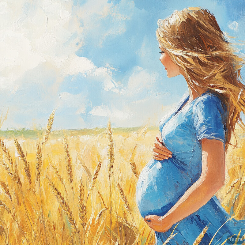 A serene painting of a pregnant woman in a golden wheat field on a sunny day