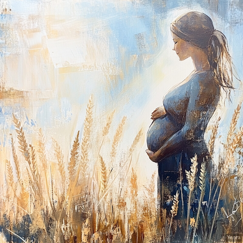 A pregnant woman stands in a wheat field, surrounded by warm colors and gentle brushstrokes.