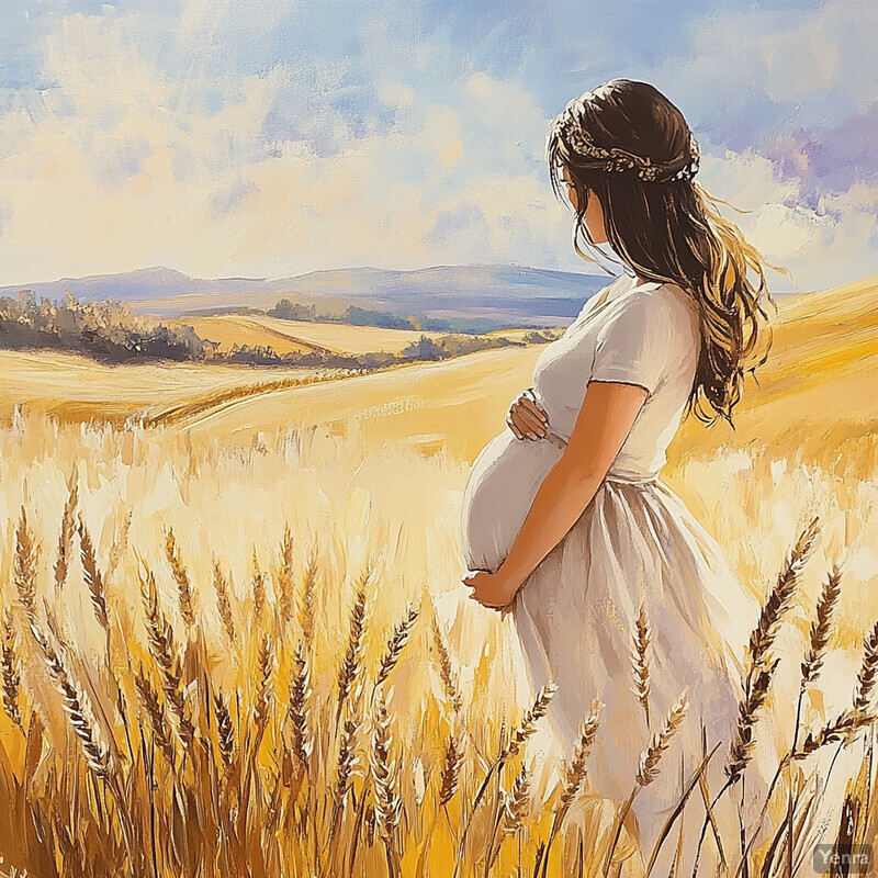 A pregnant woman stands in a golden wheat field on a sunny day