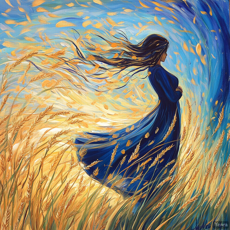 A serene depiction of a woman standing amidst a field of wheat, surrounded by tall stalks and leaves.