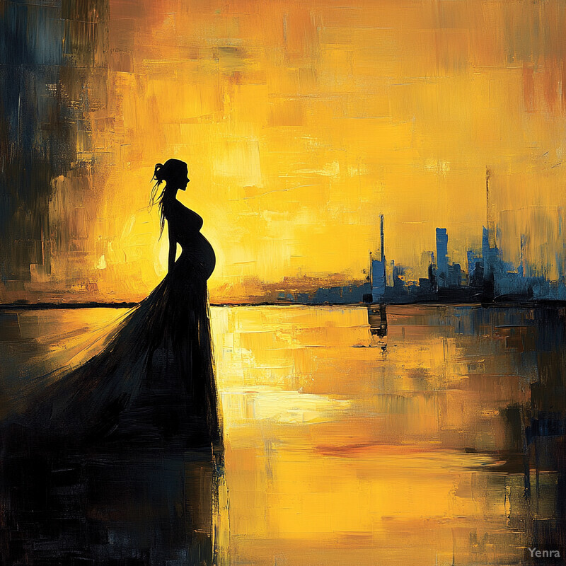 A pregnant woman stands on the shore, gazing out at the distant mountains as the sun sets behind her.