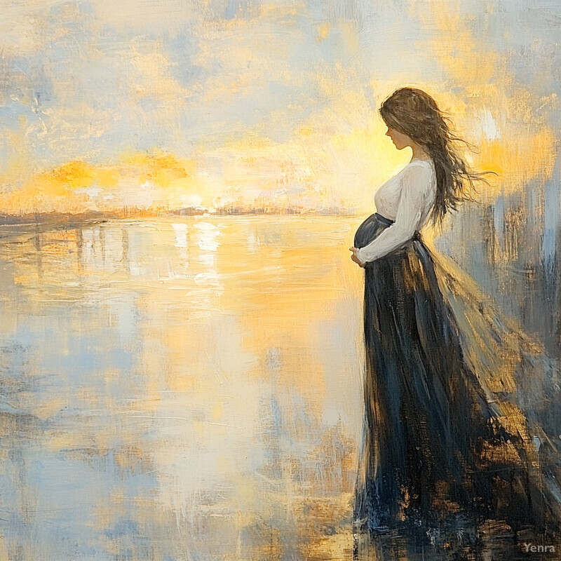 A woman stands by the water's edge at sunset, gazing out at the distant landscape.