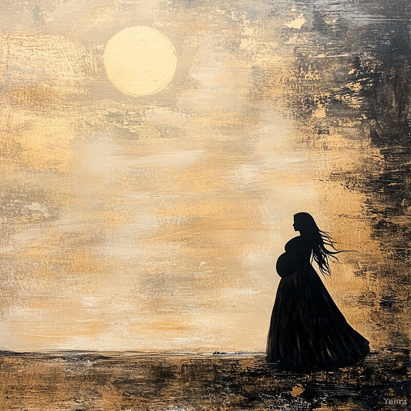 A serene scene of a woman standing in front of a golden horizon