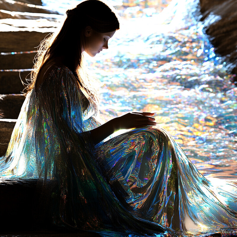 A woman sits amidst flowing cascades of light in an ethereal setting