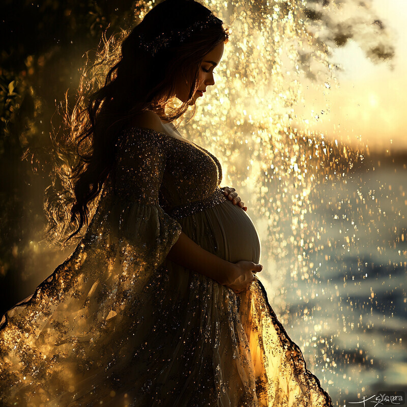 A serene moment of a pregnant woman standing in front of a waterfall at sunset, with her hands on her belly and a gentle gaze into the distance.