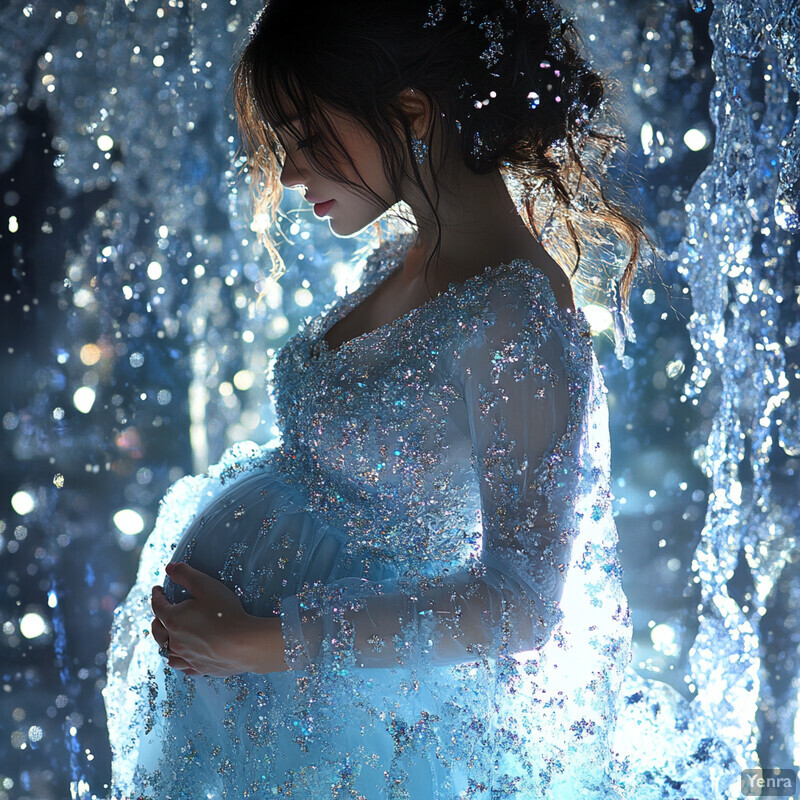 A pregnant woman posing in a sparkling blue gown