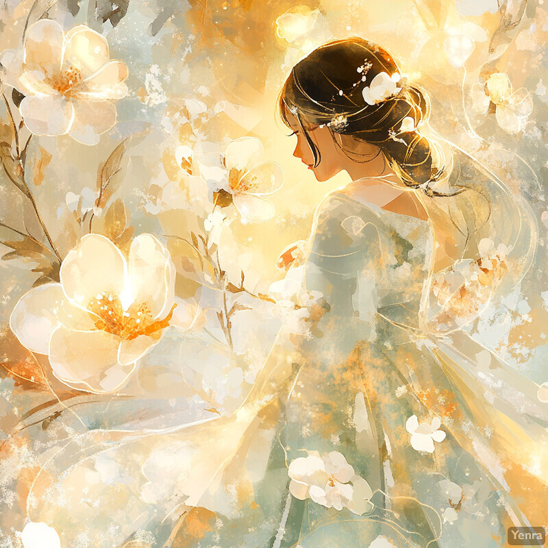 A serene and ethereal depiction of a woman surrounded by flowers and light.