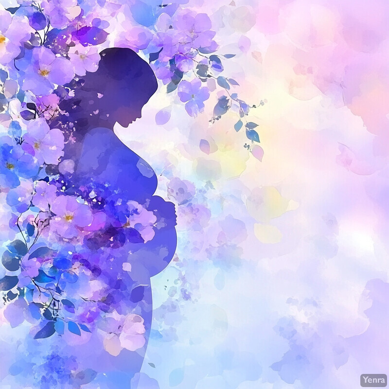 A serene image featuring a pregnant woman's silhouette surrounded by purple flowers.