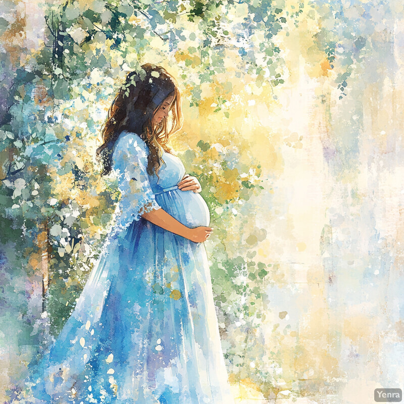 A pregnant woman stands in front of an abstractly painted wall, cradling her belly with both hands, exuding tranquility and maternal love.