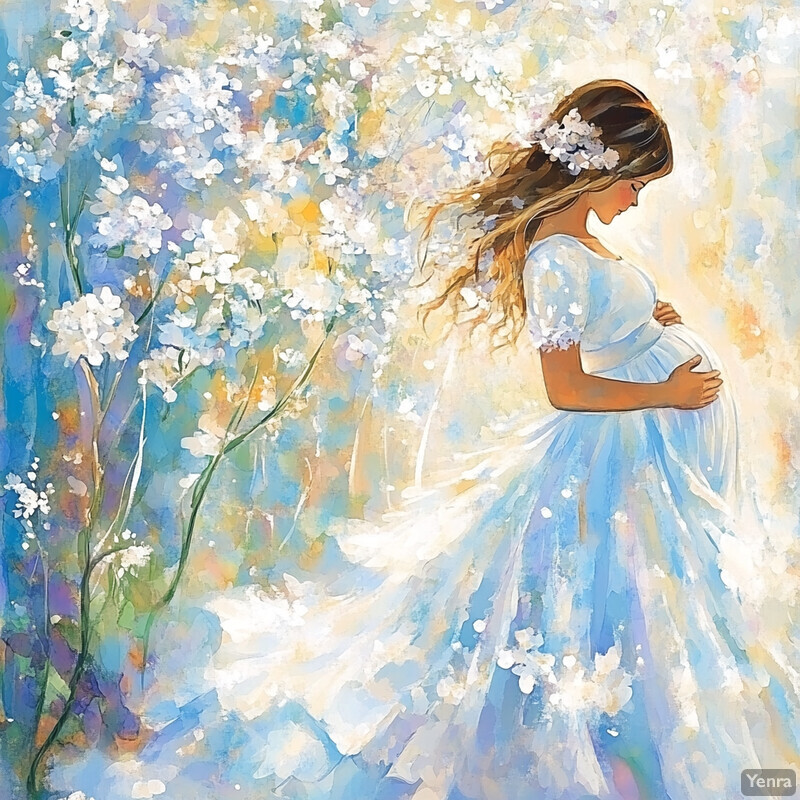 A pregnant woman stands confidently amidst a lush garden filled with vibrant flowers, radiating joy and contentment.