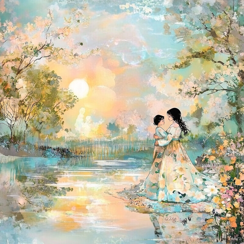 Two women standing on the shore of a tranquil body of water