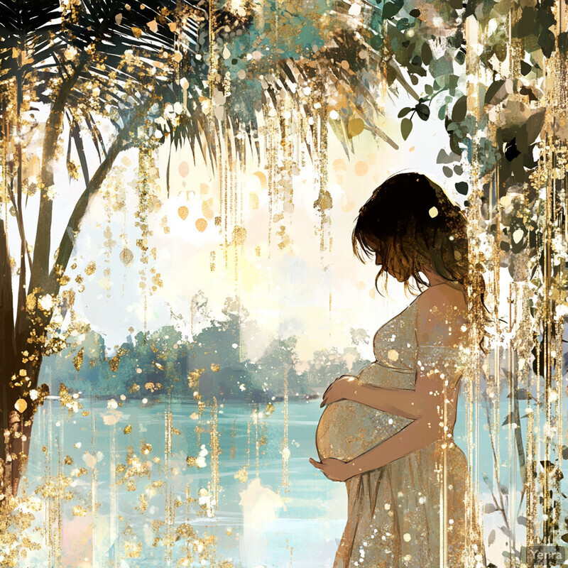 A pregnant woman stands in front of a tranquil body of water, surrounded by lush greenery.