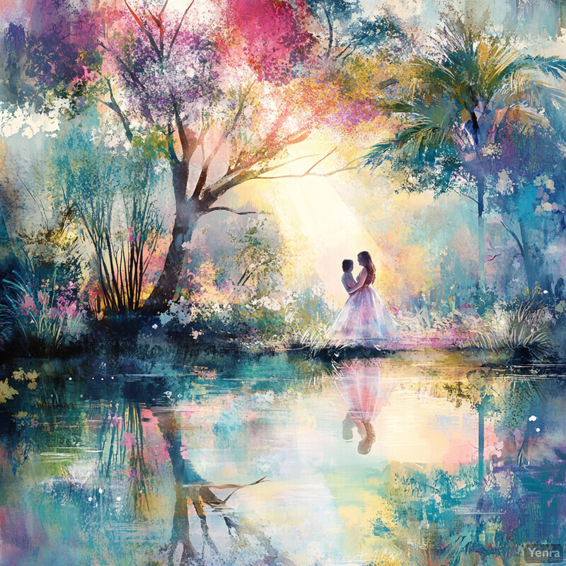 A romantic scene of a couple embracing in front of a lagoon, surrounded by lush greenery and vibrant flowers.