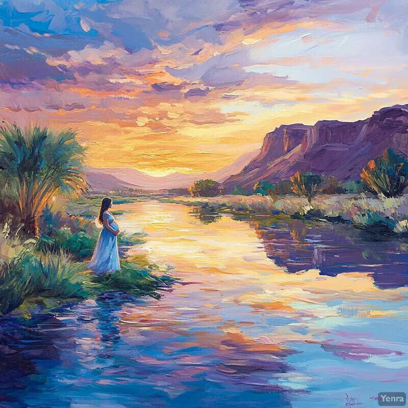 A serene and idyllic scene of a woman standing in a lush oasis surrounded by mountains and vibrant greenery