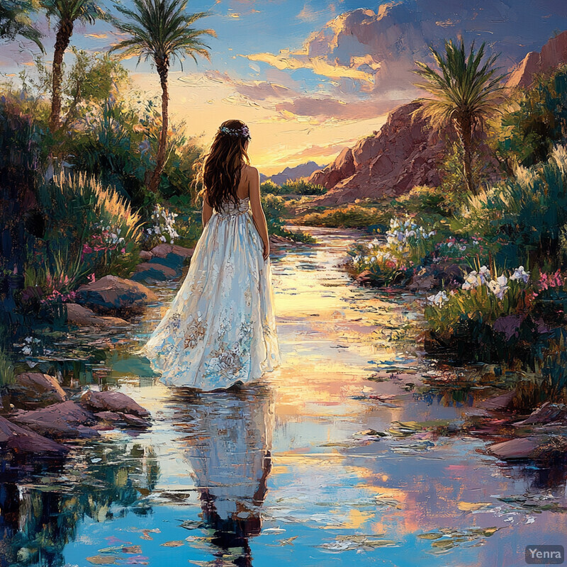 A woman stands at the edge of a tranquil body of water, surrounded by lush greenery and vibrant flowers.