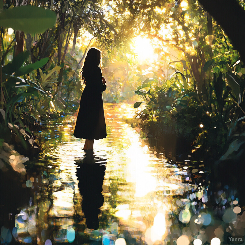 A serene and idyllic scene of a woman standing in a shallow stream surrounded by lush greenery