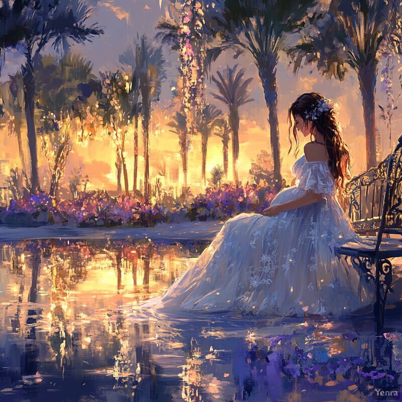 A serene and idyllic scene of a woman in an ethereal oasis.