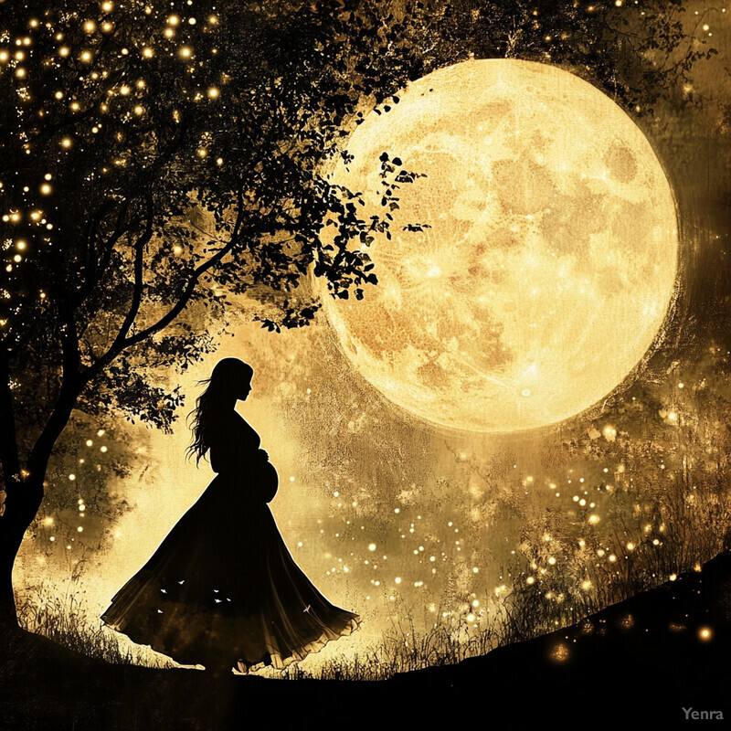 A pregnant woman stands in front of a full moon, surrounded by trees and fireflies