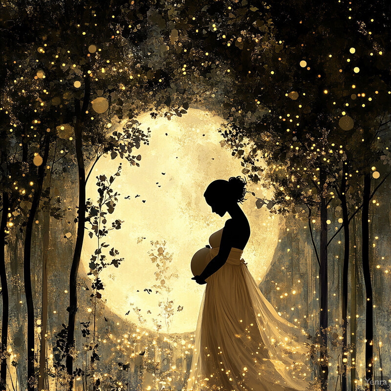 A pregnant woman stands in front of a large moon, surrounded by trees and fireflies