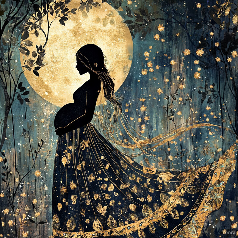 A serene and mystical scene featuring a woman standing in front of a full moon, surrounded by lush foliage.