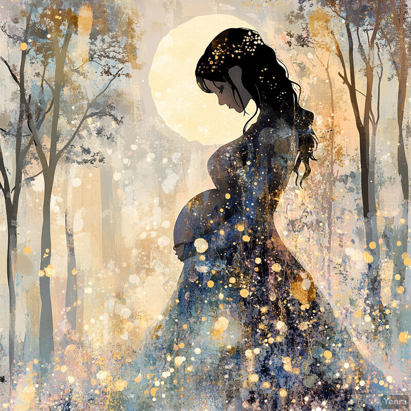 A pregnant woman stands in a forest, surrounded by tall trees with slender trunks and branches adorned with leaves.