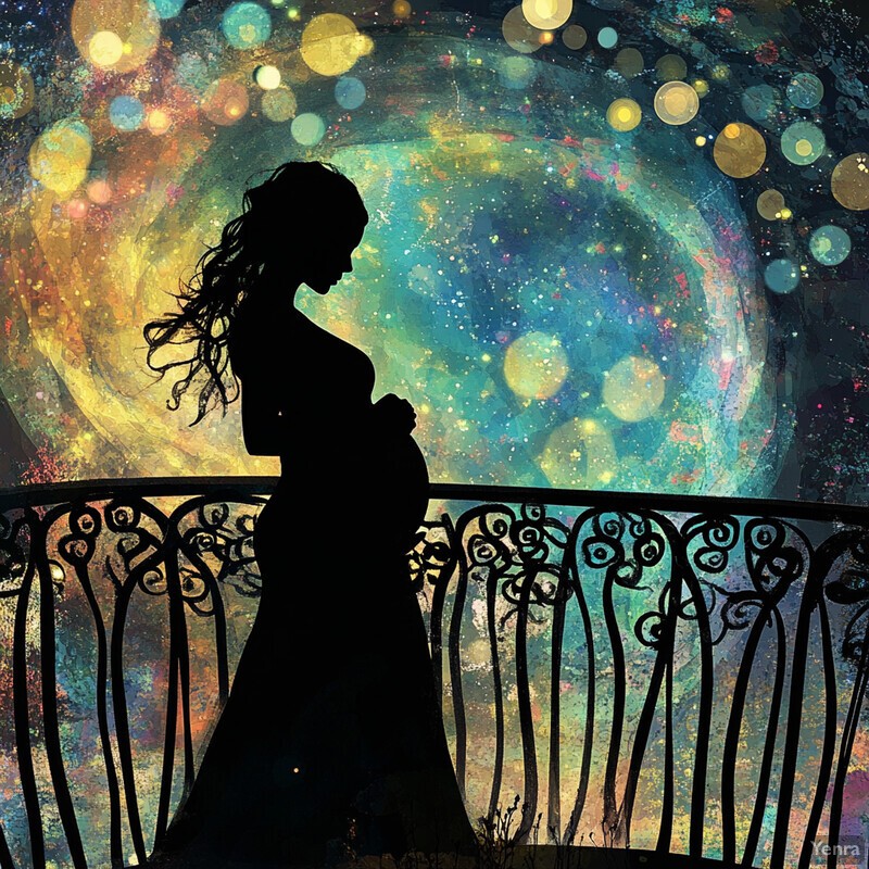 A pregnant woman stands on a balcony or bridge, gazing out at an ethereal scene with swirling clouds of blue, green, yellow, orange, and red hues.