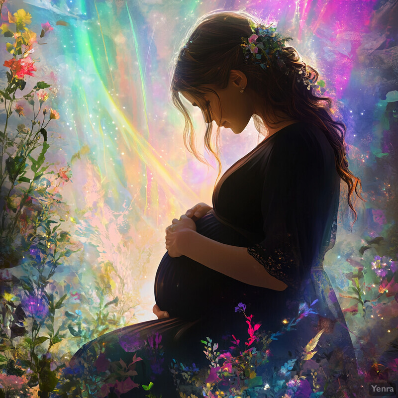 A serene and mystical scene featuring a pregnant woman cradling her belly in a lush, dreamlike environment.