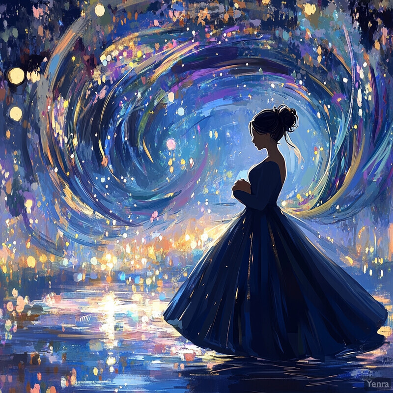 A woman stands confidently in front of a swirling vortex of colors emanating from her body.