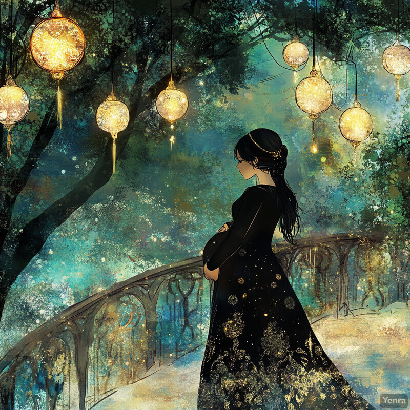 A pregnant woman stands in front of an ornate bridge surrounded by lush greenery and illuminated by hanging lanterns.