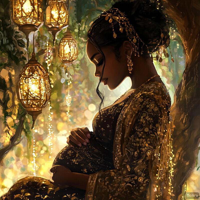 A woman in an ornate dress sits on a tree branch, surrounded by lush greenery and illuminated by a nearby lantern.