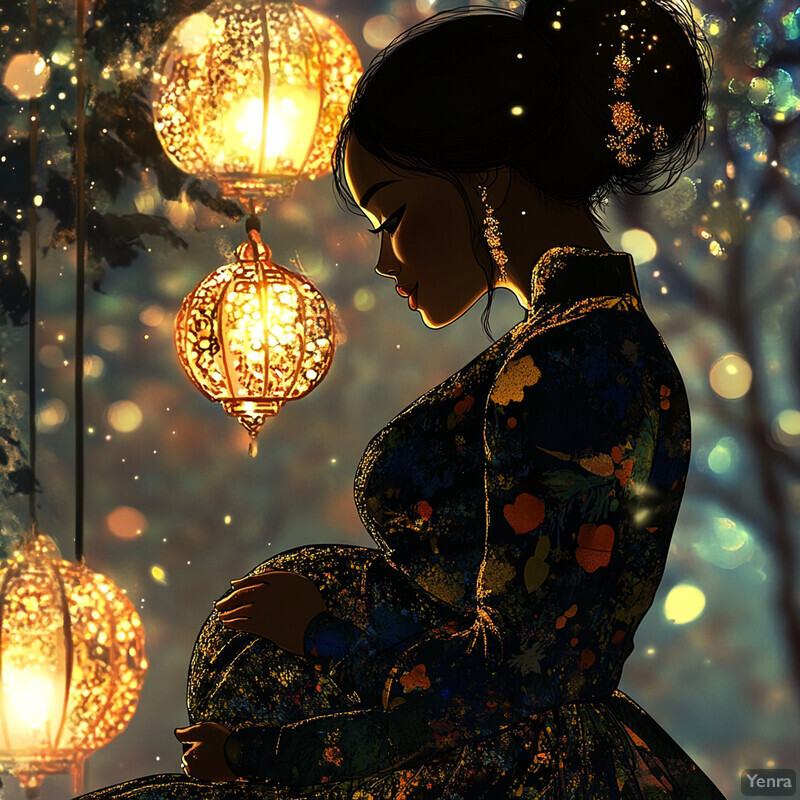 A serene outdoor setting featuring a woman in a floral dress holding her pregnant belly, surrounded by trees and bushes.