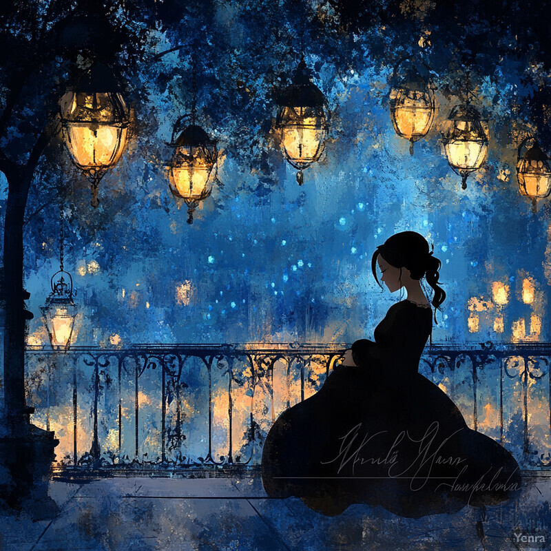 A woman sits on a bridge or balcony surrounded by trees and hanging lanterns, exuding an air of sophistication and poise.