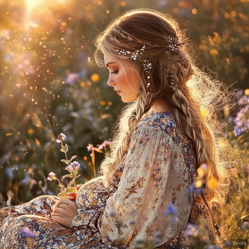 A serene image of a woman surrounded by wildflowers