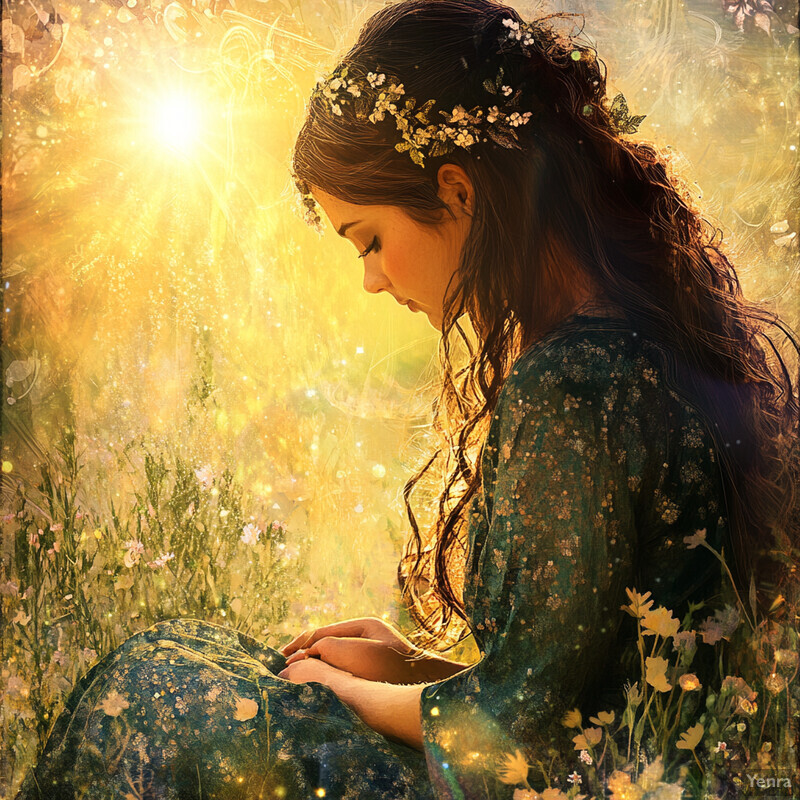 A serene and idyllic scene of a woman sitting in a field of wildflowers