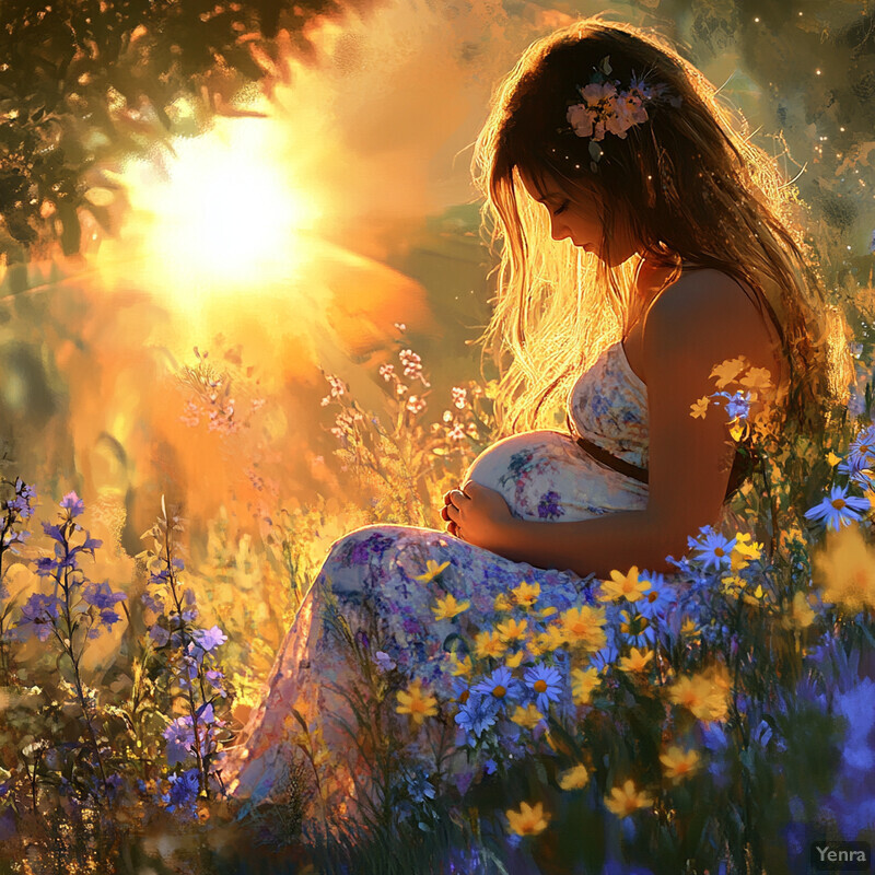 A serene scene of a pregnant woman in a field of wildflowers