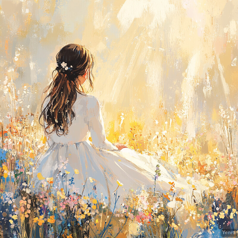 A young girl in a white dress sits in a field of wildflowers, gazing out at the meadow under the warm sunlight.