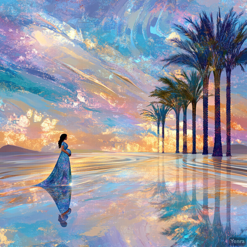 A pregnant woman stands on a beach at sunset, surrounded by palm trees and a vibrant sky.