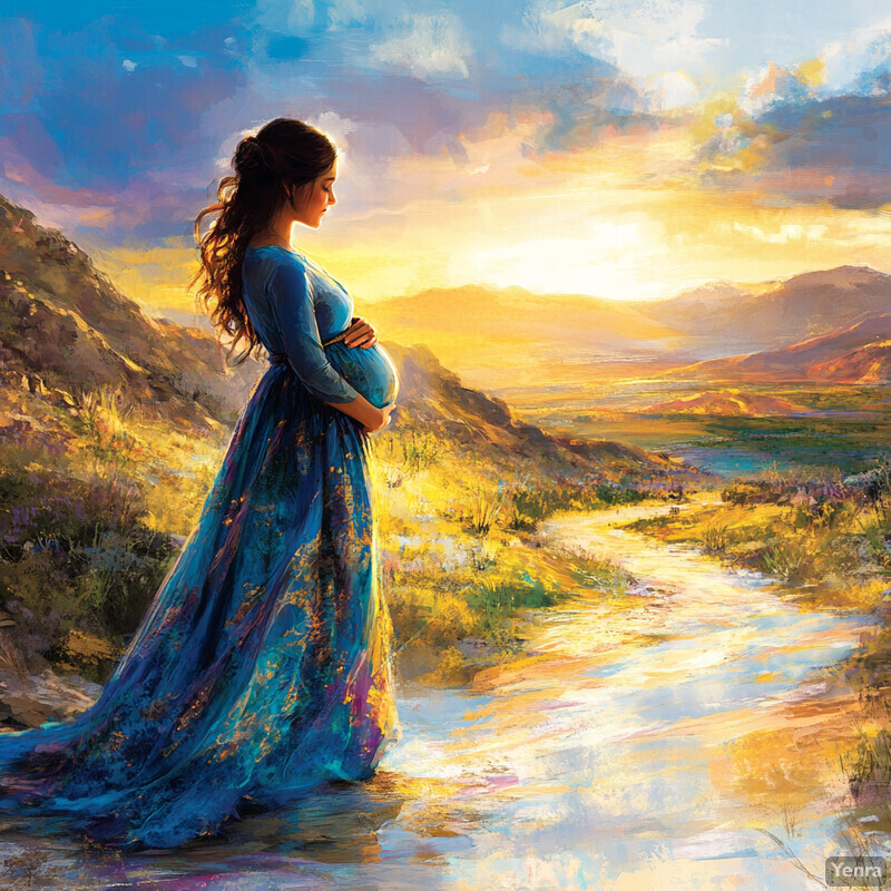 A pregnant woman stands in front of a mountain range, gazing out at the breathtaking view.