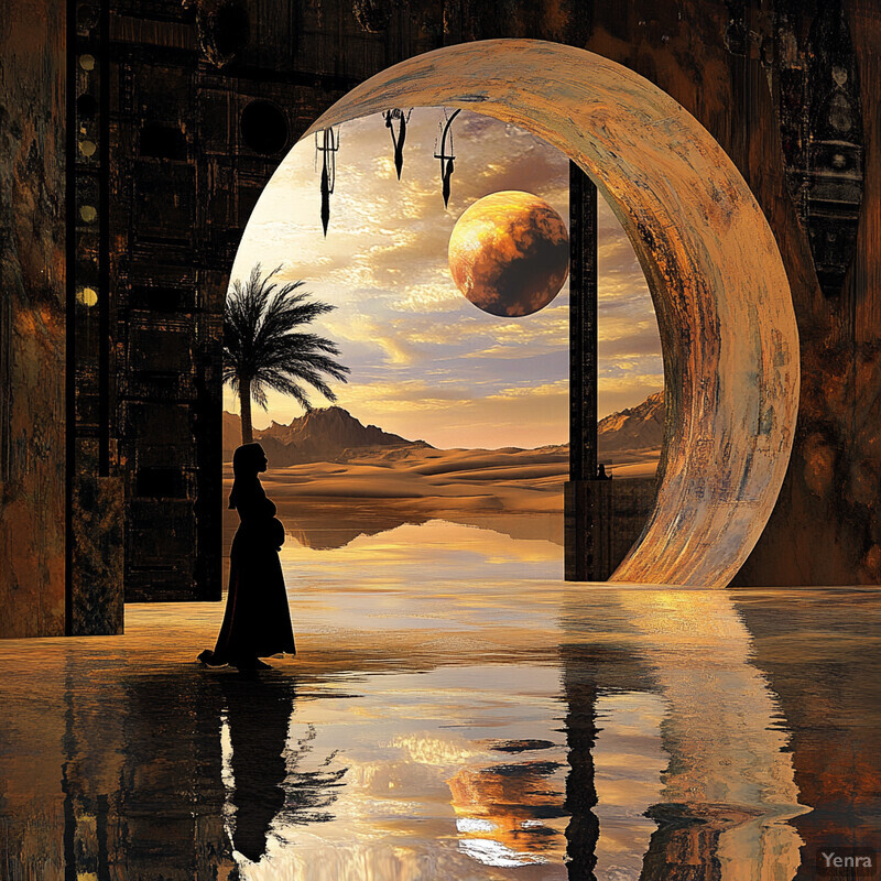 A woman stands before an archway with a large moon in the background, exuding confidence and contemplation.