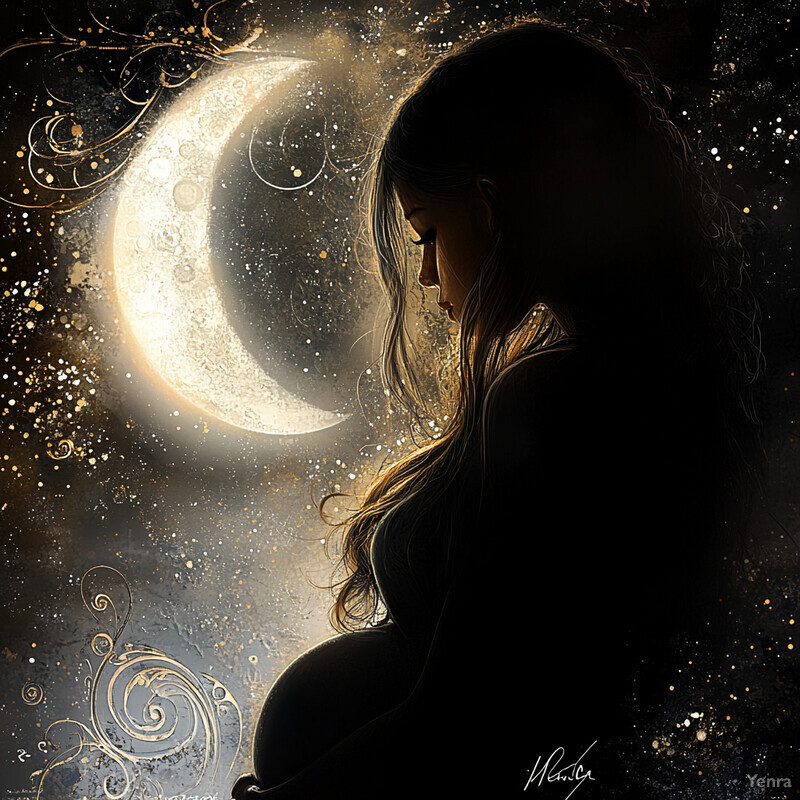 A woman gazes at the moon in a mystical scene with a warm glow.