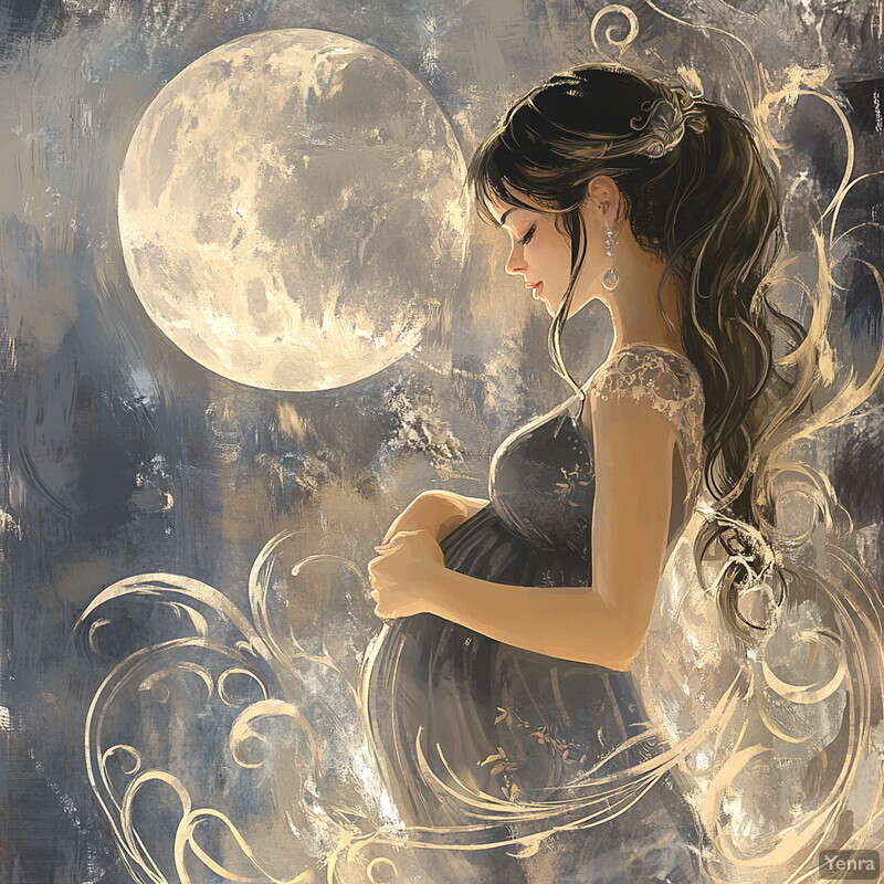 A woman in a black dress gazes at the moon, exuding peace and tranquility.