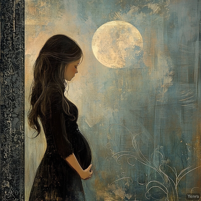 A woman stands in front of a full moon, lost in thought.