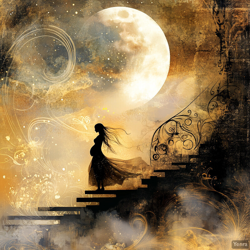 A pregnant woman stands on a staircase leading to the moonlit sky